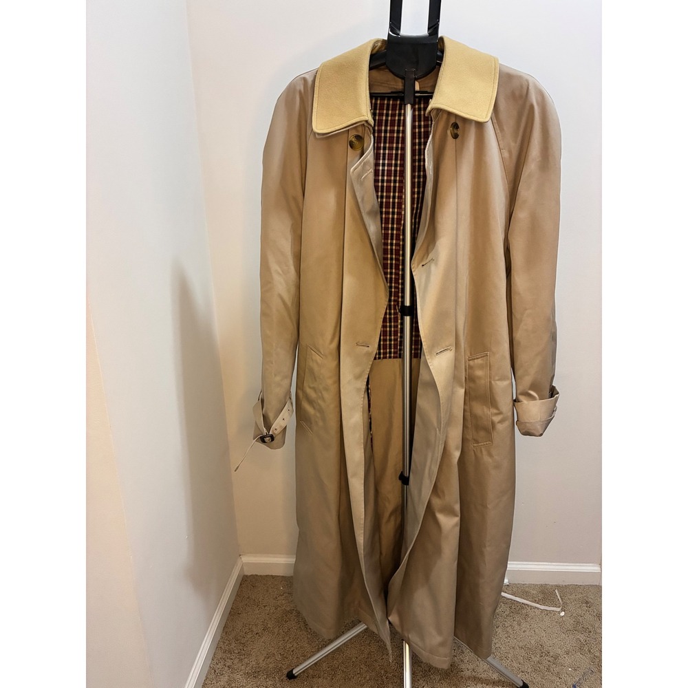 Jos A Bank Mens Trench Coat 42L Tan Khaki Plaid Lined Belted Long Rain Jacket